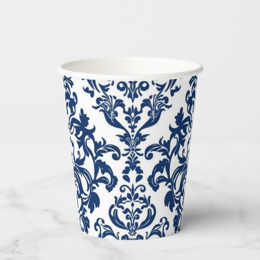 Elegant Victorian Damask Flower Pattern Navy Blue  紙コップ (裏面)