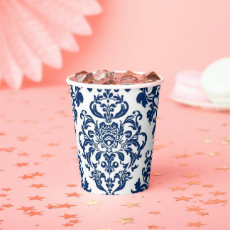 Elegant Victorian Damask Flower Pattern Navy Blue  紙コップ
