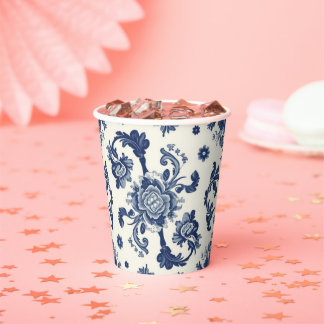Elegant Victorian Damask Flower Pattern Navy Blue  紙コップ