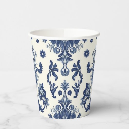 Elegant Victorian Damask Flower Pattern Navy Blue  紙コップ (左)
