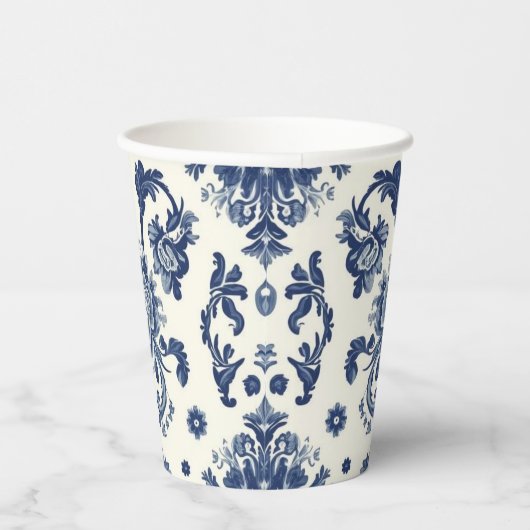 Elegant Victorian Damask Flower Pattern Navy Blue  紙コップ (右)