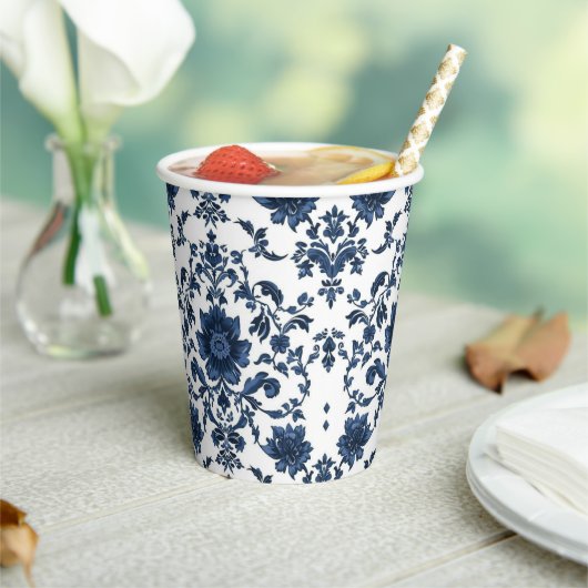 Elegant Victorian Damask Flower Pattern Navy Blue  紙コップ (インサイチュ)