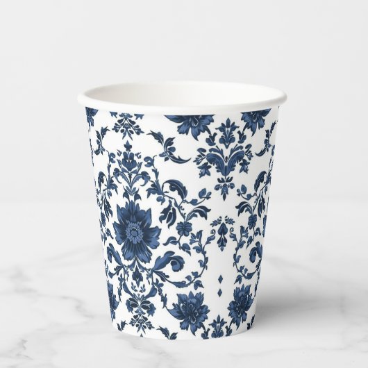 Elegant Victorian Damask Flower Pattern Navy Blue  紙コップ (正面)