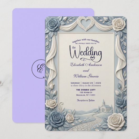 Elegant Victorian Dusty Blue Faux Embossed Rose 招待状 (正面/裏面)