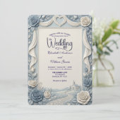 Elegant Victorian Dusty Blue Faux Embossed Rose 招待状 (スタンド正面)