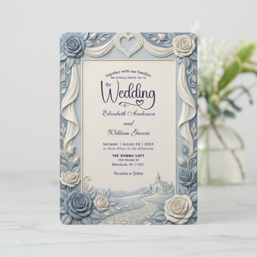Elegant Victorian Dusty Blue Faux Embossed Rose 招待状 (スタンド正面)