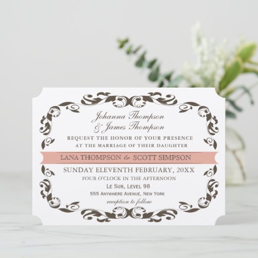 Elegant Victorian Flourish Filligree White Wedding 招待状 (スタンド正面)