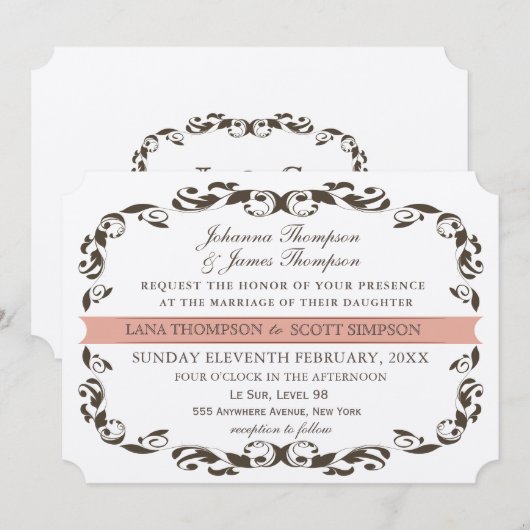 Elegant Victorian Flourish Filligree White Wedding 招待状 (正面/裏面)