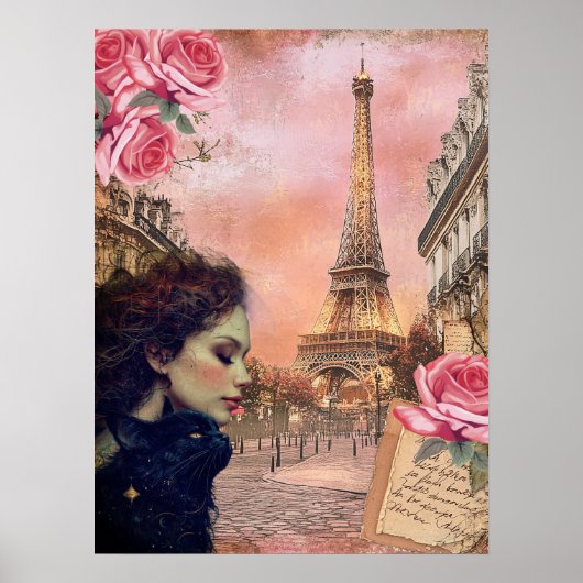 Elegant Victorian Girl & Black Cat In Paris ポスター (正面)