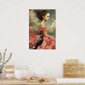 Elegant Victorian Gothic Girl Floral & Raven ポスター (キッチン)