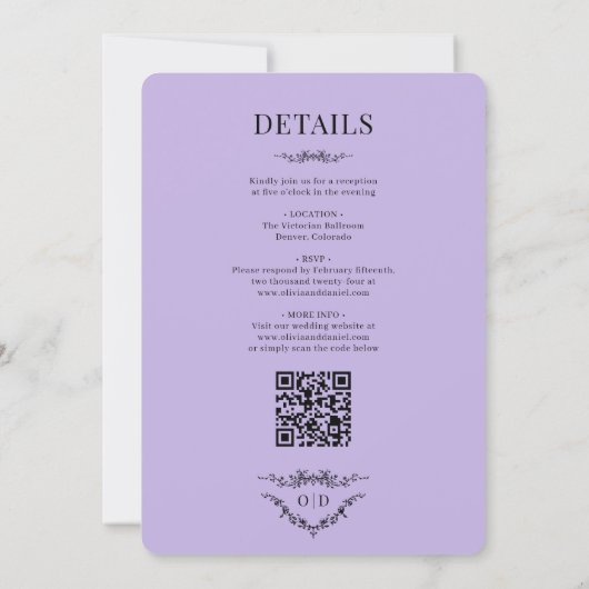 Elegant Victorian Lilac Purple All in One Wedding 招待状 (裏面)