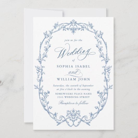 Elegant Victorian Ornate Floral Dusty Blue Wedding 招待状 (正面)