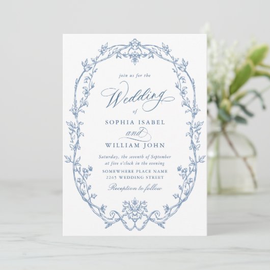 Elegant Victorian Ornate Floral Dusty Blue Wedding 招待状 (スタンド正面)
