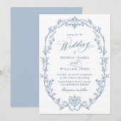 Elegant Victorian Ornate Floral Dusty Blue Wedding 招待状 (正面/裏面)