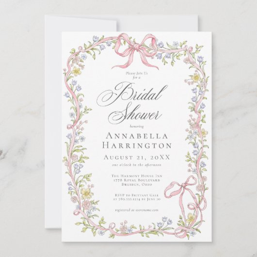 Elegant Victorian Pastel Floral Bow Bridal Shower 招待状 (正面)