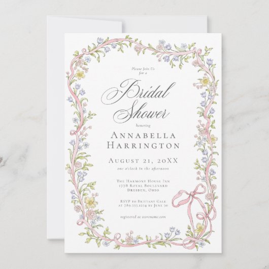 Elegant Victorian Pastel Floral Bow Bridal Shower 招待状 (正面)