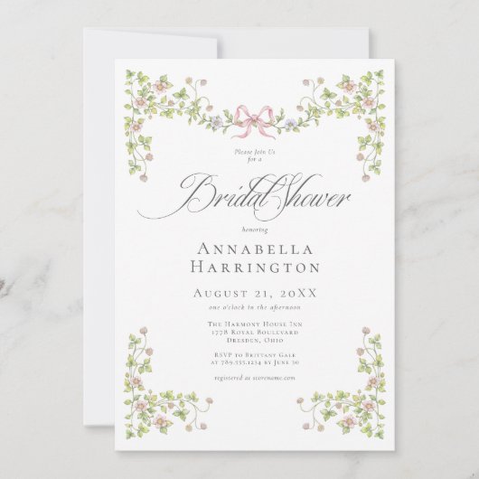 Elegant Victorian Pastel Floral Bow Bridal Shower 招待状 (正面)