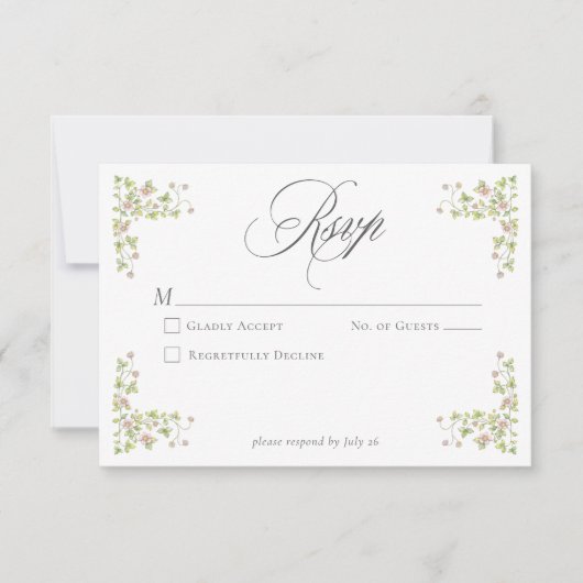 Elegant Victorian Pastel Floral Bow Wedding 出欠カード (正面)