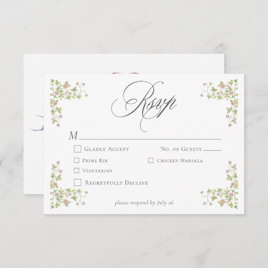 Elegant Victorian Pastel Floral Bow Wedding 出欠カード (正面/裏面)