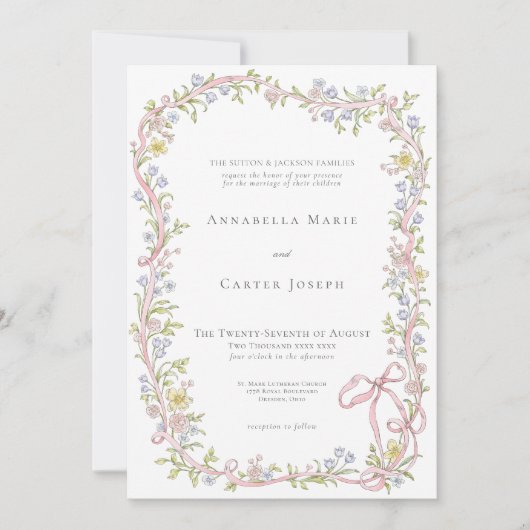 Elegant Victorian Pastel Floral Bow Wedding 招待状 (正面)