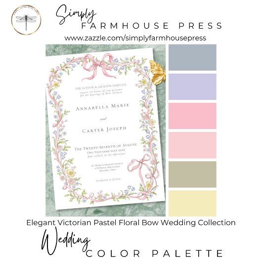 Elegant Victorian Pastel Floral Bow Wedding 招待状