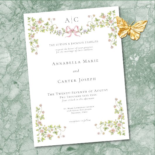 Elegant Victorian Pastel Floral Bow Wedding 招待状