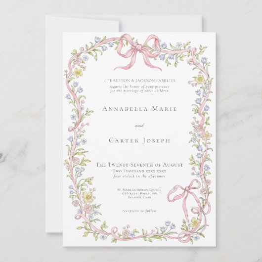Elegant Victorian Pastel Floral Bow Wedding 招待状 (正面)