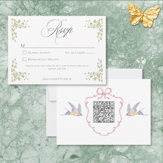 Elegant Victorian Pastel Floral Bow Wedding QR 出欠カード