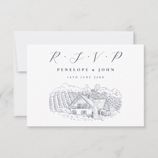 Elegant Vineyard Illustration Destination Wedding 出欠カード (正面)
