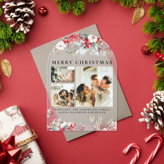 Elegant Vintage Arch Botanical Red Christmas Card アクリル招待状 (インサイチュ (クリスマス))