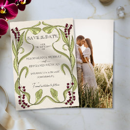 Elegant Vintage Art Nouveau Burgundy Photo Wedding セーブザデート