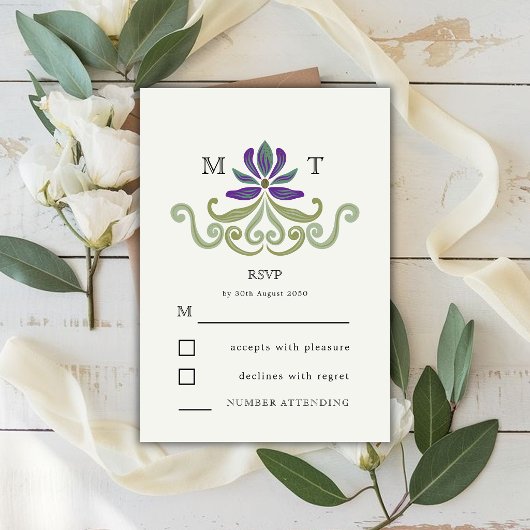 Elegant Vintage Art Nouveau Floral Wedding 出欠カード