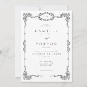 Elegant Vintage Baroque Black White Wedding 招待状 (正面)