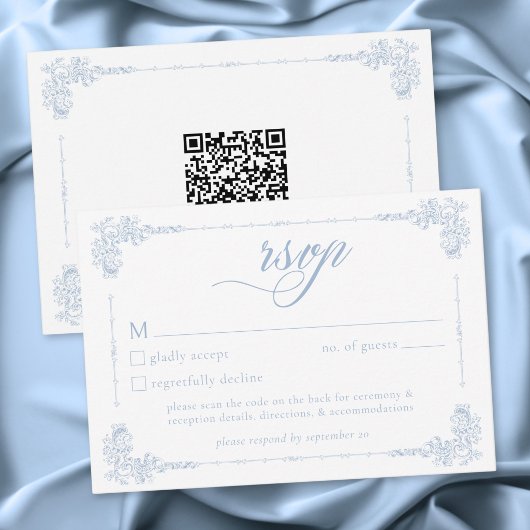 Elegant Vintage Baroque Dusty Blue Wedding QR 出欠カード