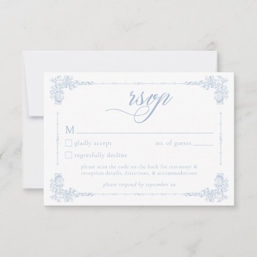 Elegant Vintage Baroque Dusty Blue Wedding QR 出欠カード (正面)