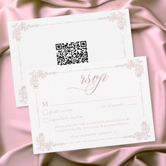 Elegant Vintage Baroque Dusty Pink Wedding QR 出欠カード