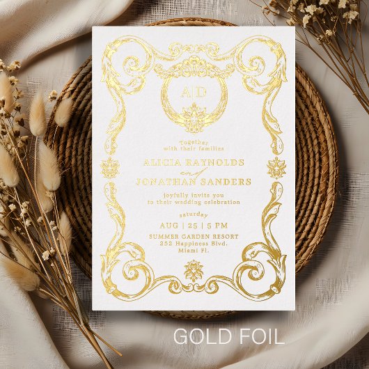 Elegant vintage baroque rococo gold wedding 箔招待状