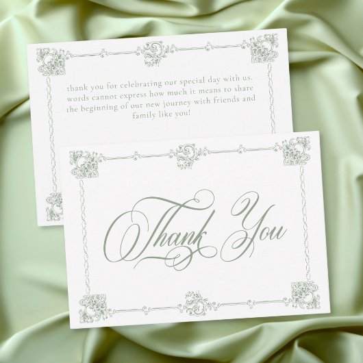 Elegant Vintage Baroque Sage Green Wedding サンキューカード