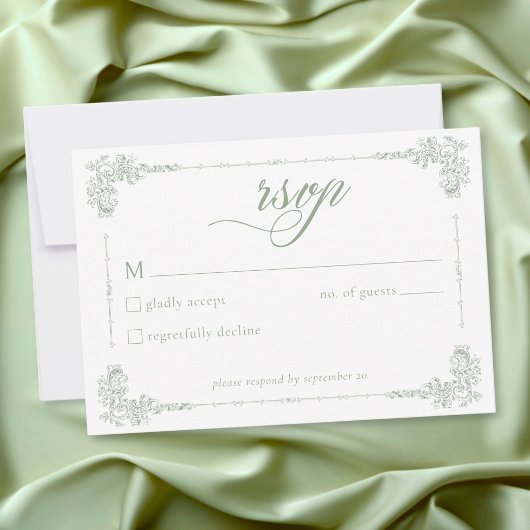 Elegant Vintage Baroque Sage Green Wedding 出欠カード