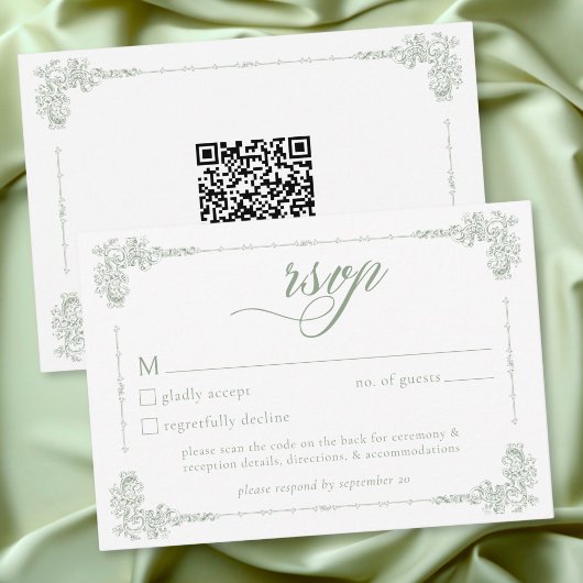 Elegant Vintage Baroque Sage Green Wedding QR 出欠カード