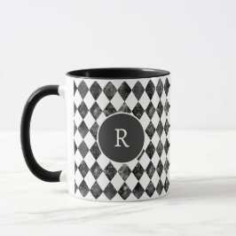 Elegant vintage black &white checkerboard monogram マグカップ