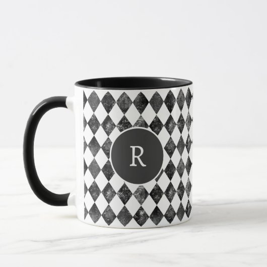 Elegant vintage black &white checkerboard monogram マグカップ (左)