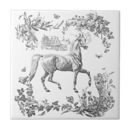 Elegant Vintage Black White Horse Floral タイル