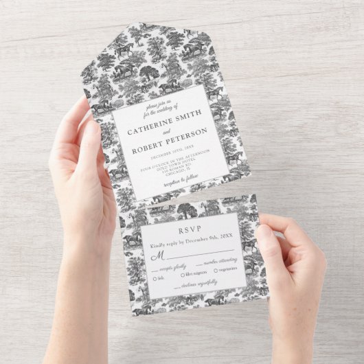 Elegant Vintage Black White Horse Toile オールインワン招待状 (貼ってはがせる)