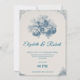 Elegant Vintage Blue Floral Wedding Invitation 招待状