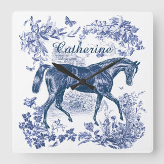 Elegant Vintage Blue Horse Country Toile Name スクエア壁時計