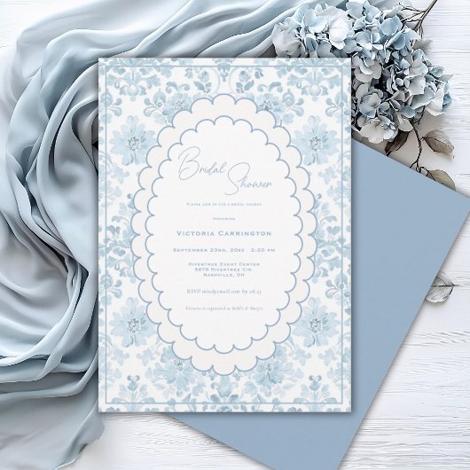 Elegant Vintage Blue Toile Bridal Shower 招待状