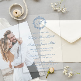 Elegant Vintage Blue Toile Monogram Wedding アクリル招待状