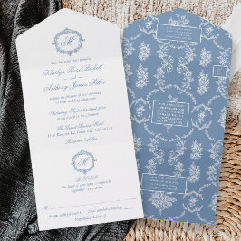 Elegant Vintage Blue Toile Monogram Wedding オールインワン招待状