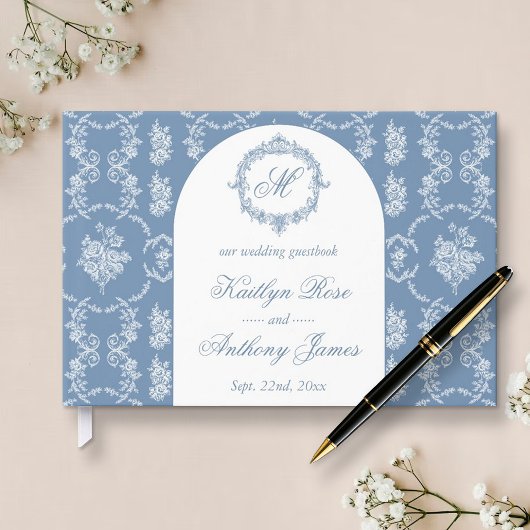 Elegant Vintage Blue Toile Monogram Wedding ゲストブック